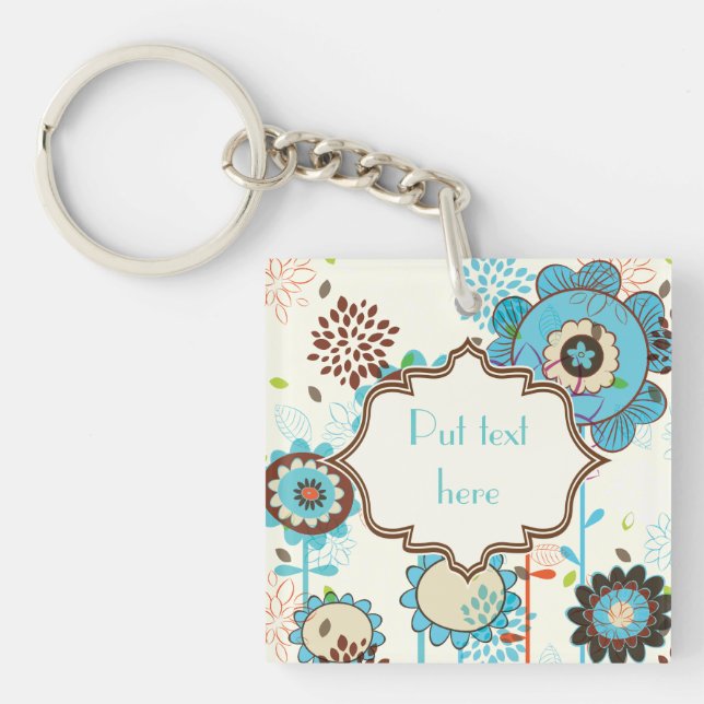 Porte-clés Cute rétro turquoise bleu motif floral personnalis (Devant)