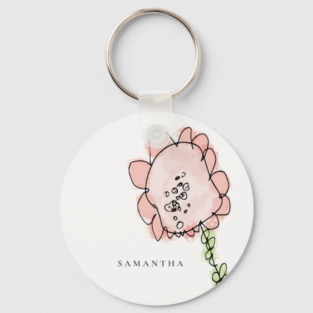 Porte-clés Cute Rustic Kid Drawn Blush Pink Flower Watercolor (Recto)