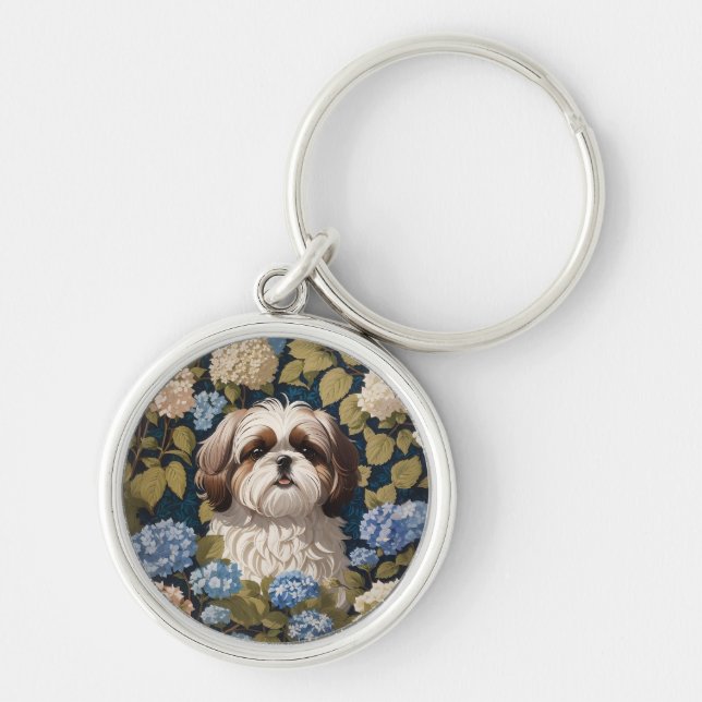 Porte-clés Cute Shih Tzu Chiot Blue hydrangea fleurs (Devant)