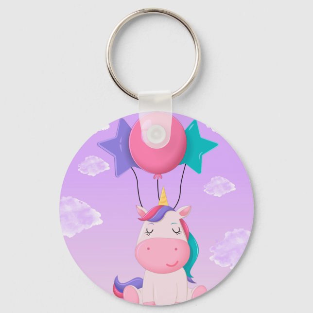 Porte-clés Cute Sitting Unicorn and Balloons Lilac (Recto)