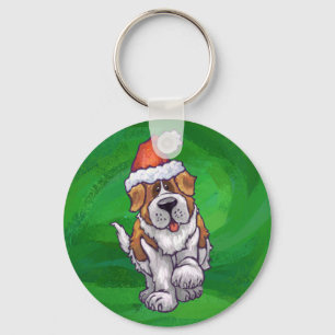 Porte-clés Cute St. Bernard in Santa Hat on Green