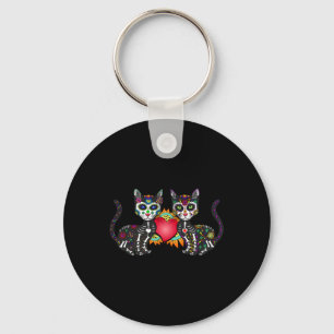 Porte-clés Cute Sugar Crâne Chat Duo Coeur Mexicain Dia De Lo