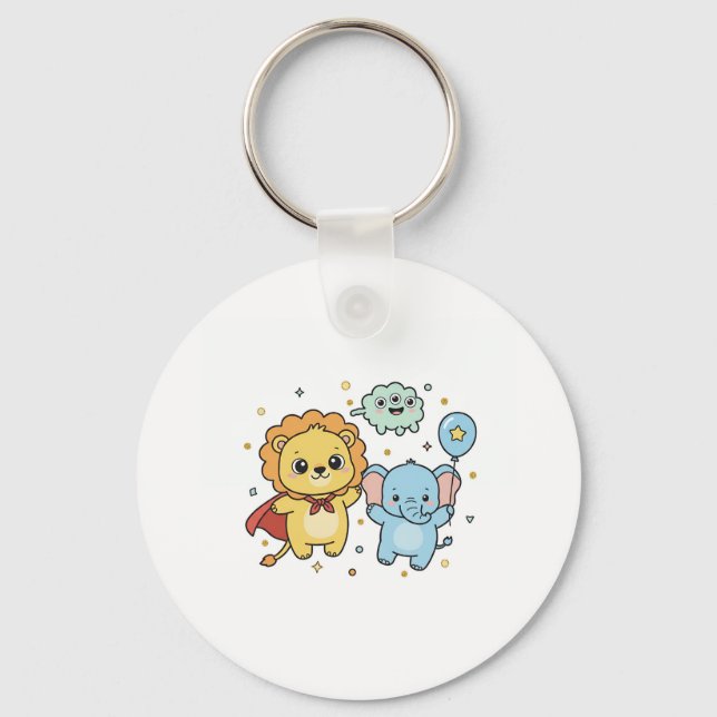 Porte-clés Cute Superhero Lion and Elephant Friends Cartoon (Recto)