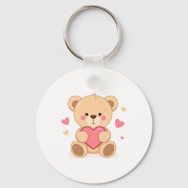 Porte-clés Cute Teddy Bear Holding Heart – Valentine Love Ill (Recto)