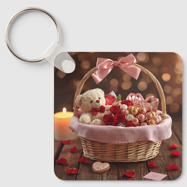 Porte-clés Cute Teddy Rose Basket Romantic Valentine Heart (Recto)
