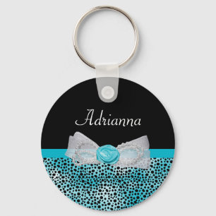 Porte-clés Cute Turquoise Cheetah Imprimer Frilly Bow et nom