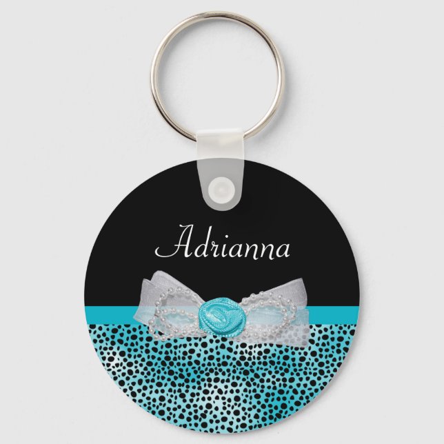 Porte-clés Cute Turquoise Cheetah Imprimer Frilly Bow et nom (Recto)