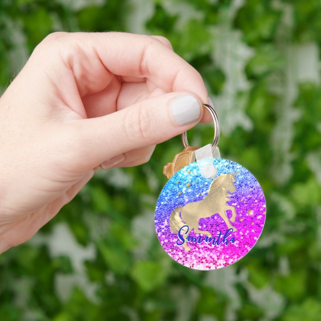 Porte-clés Cute unicorn rose Parties scintillant arc-en-ciel  (main)