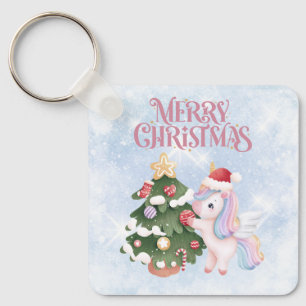 Porte-clés Cute Unicorne de Noël sur Sparkle Blue Sky
