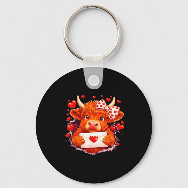 Porte-clés Cute Valentine Highland Cow With Heart Bow Western (Recto)