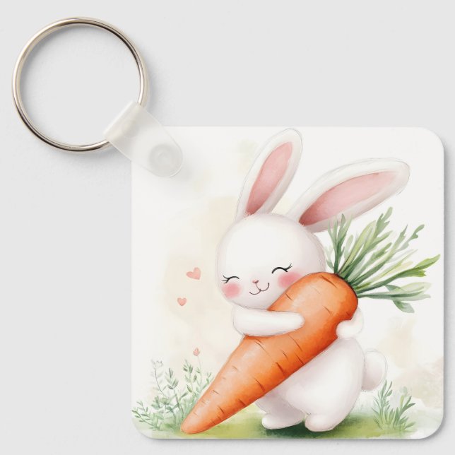 Porte-clés Cute Watercolor Spring Bunny Carrot (Recto)
