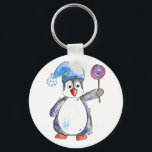 Porte-clés Cute Whimsical Penguin with a Lollipop<br><div class="desc">This is an original mixed media painting of a whimsical penguin holding a lollipop.</div>