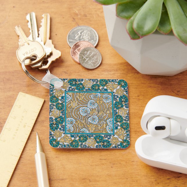 Porte-clés cyclamen bleu art nouveau fleur botanique (Bureau)