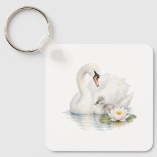 Porte-clés Cygne et jeune cygne avec nénuphars