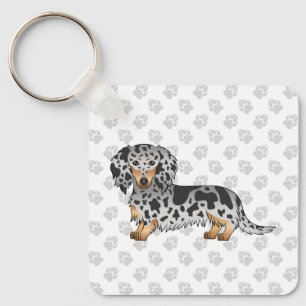 Porte-clés Dachshund à poil long bringé noir et feu
