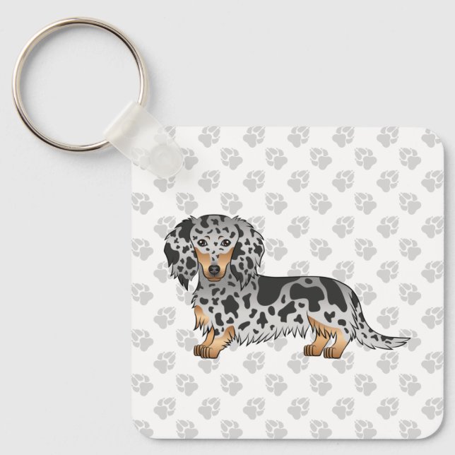 Porte-clés Dachshund à poil long bringé noir et feu (Recto)