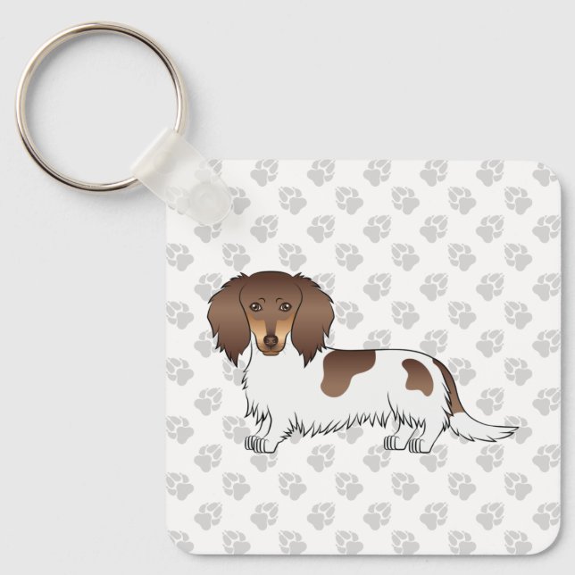 Porte-clés Dachshund à poils longs chocolat et tan piebalde & (Recto)