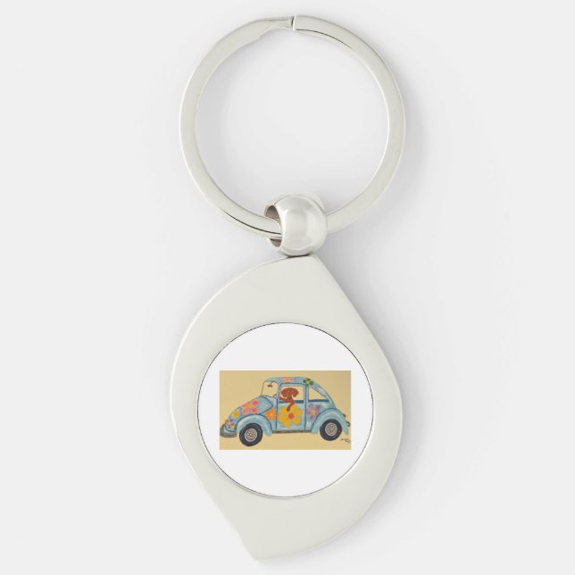 Porte-clés Dachshund dans une voiture hippie (Devant)