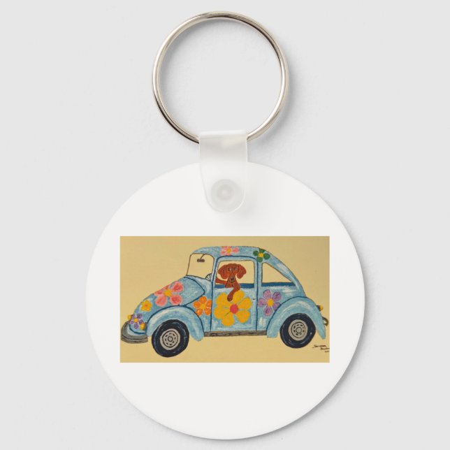 Porte-clés Dachshund dans une voiture hippie (Recto)