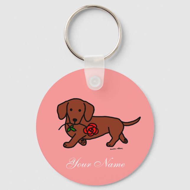 Porte-clés Dachshund et un dessin animé sur les fleurs (Recto)
