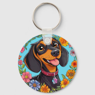 Porte-clés Dachshund joyeux entouré de fleurs colorées