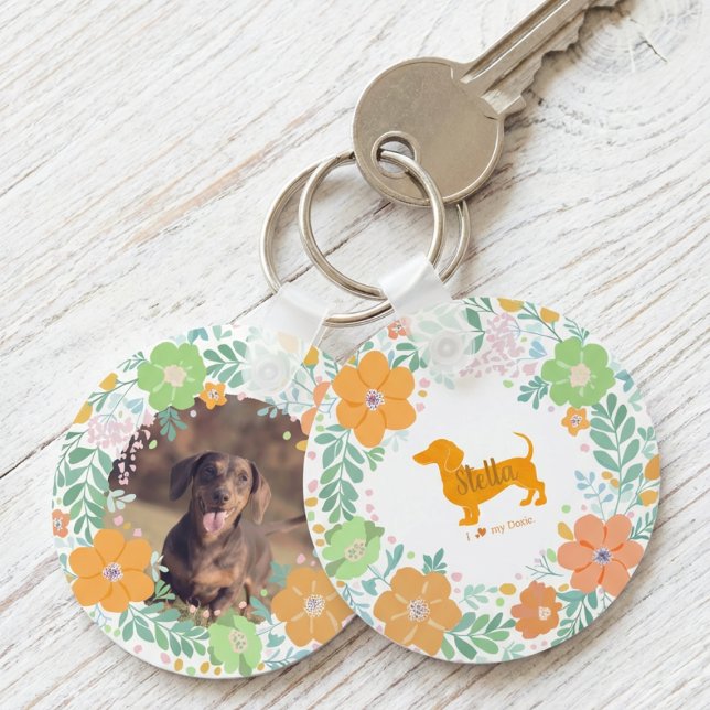 Porte-clés Dachshund Orange Pastel Nom et Photo Personnalisés (Créateur téléchargé)