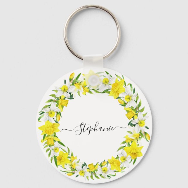 Porte-clés Daffodiles de printemps blanc jaune personnalisé G (Recto)