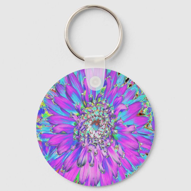 Porte-clés Dahlia Abstrait Psychédélique Aqua, Vert Citron et (Recto)