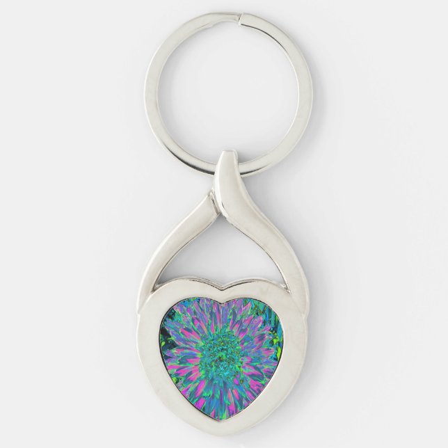 Porte-clés Dahlia Magenta Psychedelic, Aqua et Vert Citron (Devant)