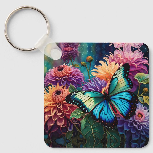Porte-clés Dahlias Et Papillon Vert Bleu Iridescente (Recto)
