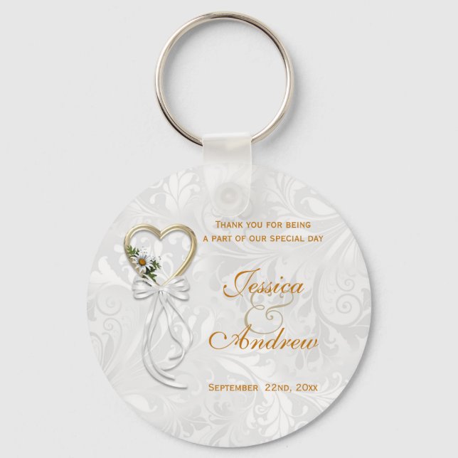 Porte-clés Daisy Romantique, Cœur Doré & Ruban Blanc (Recto)