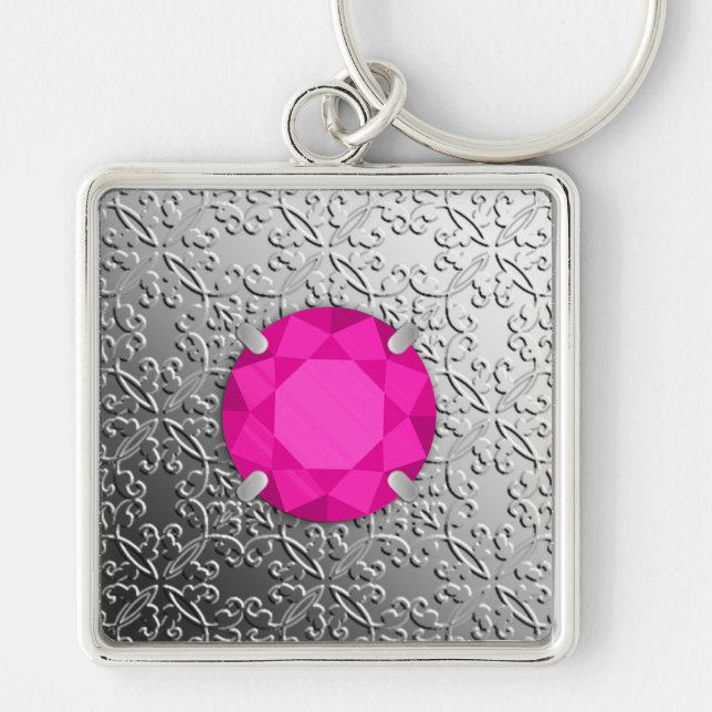 Porte-clés Damas d'argent avec un faux bijou tourmalin rose (Devant)