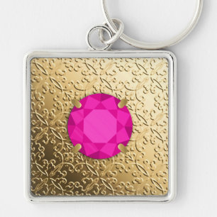 Porte-clés Damas d'or avec un faux bijou tourmalin rose