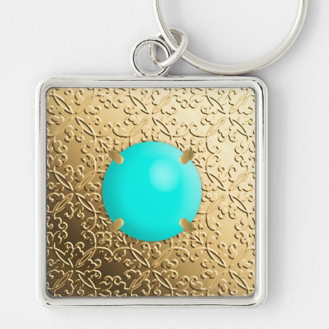 Porte-clés Damas d'or avec une fausse pierre turquoise (Devant)