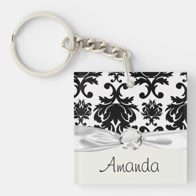Porte-clés damask noir et blanc formel orné (Devant)