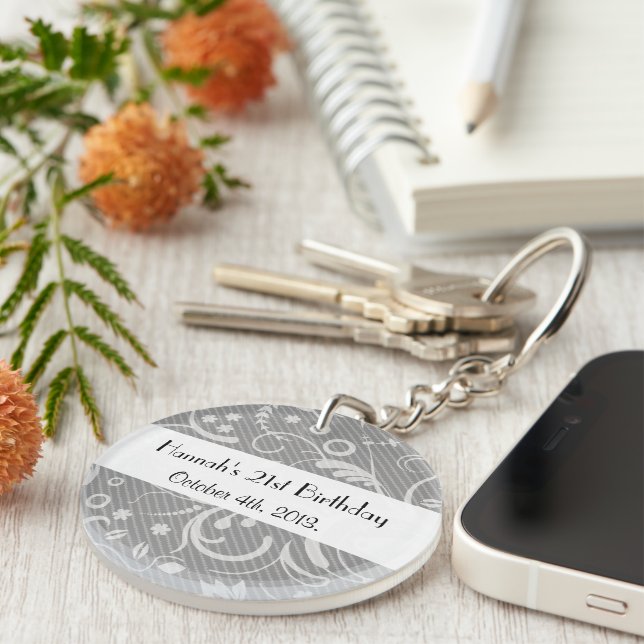 Porte-clés Damask Patch, Grey Damask, Anniversaire (Devant droit)