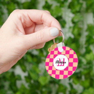 Porte-clés Damier pêche rose chaud géométrique rétro Monogram