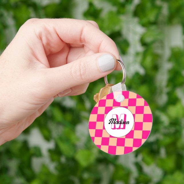 Porte-clés Damier pêche rose chaud géométrique rétro Monogram (main)