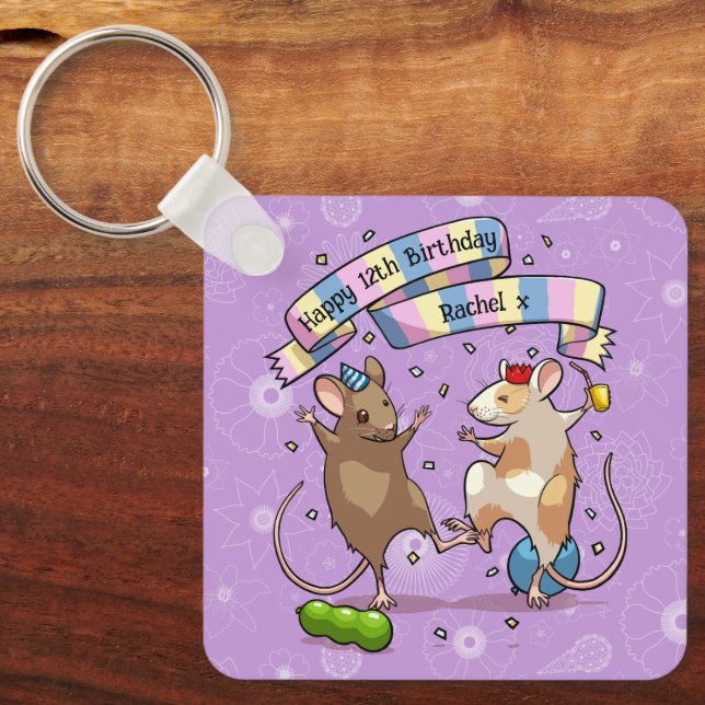 Porte-clés Dancing Mice Nom et âge Bonne fête d'anniversaire (Recto)