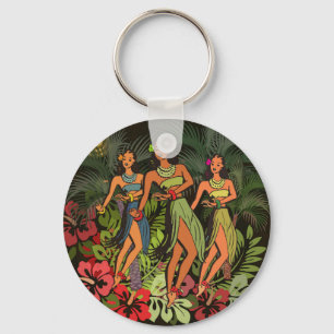 Porte-clés Danseuses Hula Vintage d'Hawaï Palmier Tiki Rétro