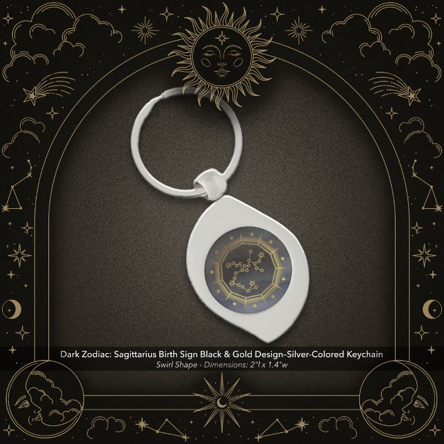 Porte-clés Dark Zodiac: Sagittarius Birth Sign Black & Gold (Dark Zodiac: Sagittarius Birth Sign Black & Gold Design in a Silver Colored Metal Keychain)