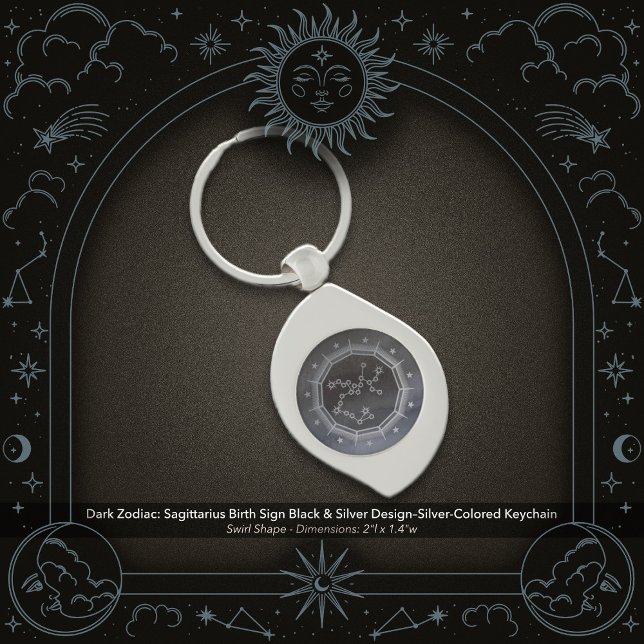 Porte-clés Dark Zodiaque : signe de naissance Sagittaire Noir (Dark Zodiac: Sagittarius Birth Sign Black & Silver Design in a Silver Colored Metal Keychain)