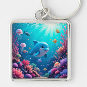 Porte-clés Dauphin joueur et vie marine colorée