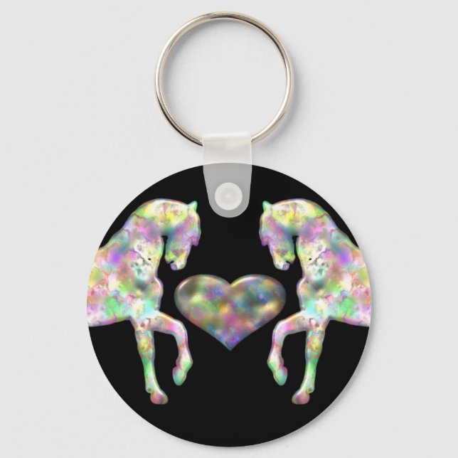 Porte-clés De Beaux Chevaux Arc-En-Ciel Et Coeur (Recto)