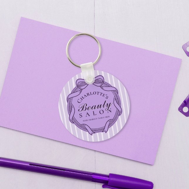Porte-clés de cadre à nœud orné violet pour salon  (Purple Ornate Bow Frame Beauty Salon Keychain)