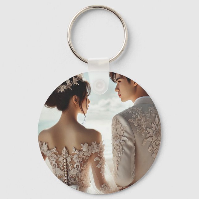Porte-clés de couple tout juste marié – Romantique (Recto)