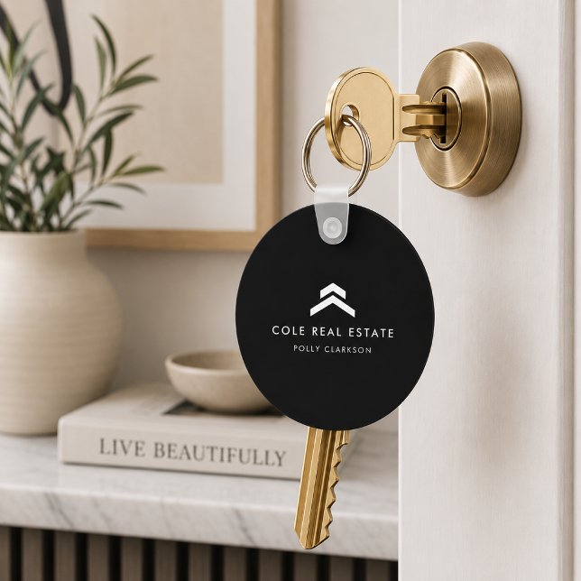 Porte-clés de l'immobilier | Étiquette de clé de c (Black real estate logo keychain for polished closing gifts and property handovers.)