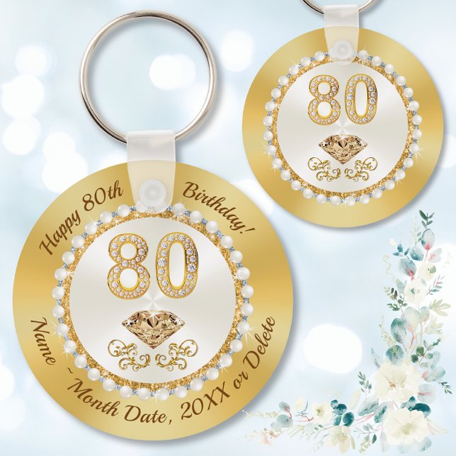 Porte-clés De magnifiques faveurs personnalisées pour le 80e  (80th birthday party favors. Party favors for 80th birthday ideas. Gold and Ivory, 80th birthday)