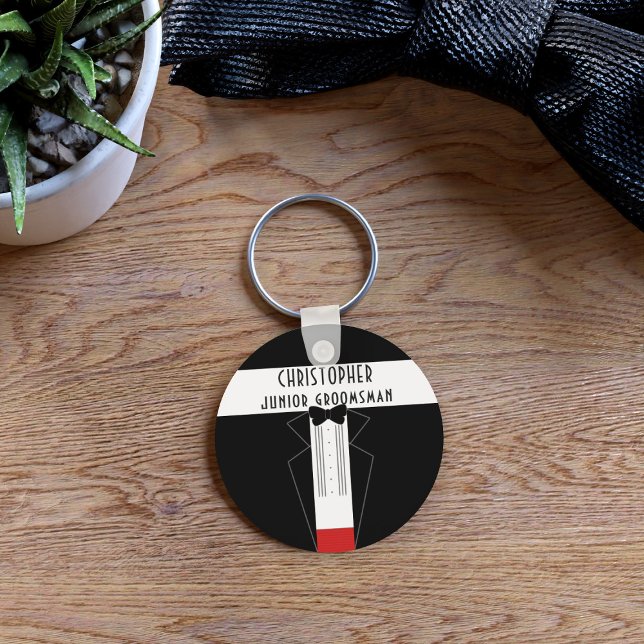 Porte-clés de mariage Junior Garçon d'Honneur Smok (Add your Junior Groomsman name to this cute black tuxedo keychain)