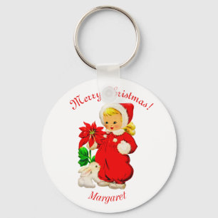 Porte-clés de Noël Fille Vintage avec Lapin